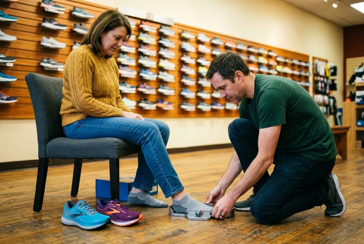 A Second Sole fitter measures a customer's foot while she compares two pairs of running shoes